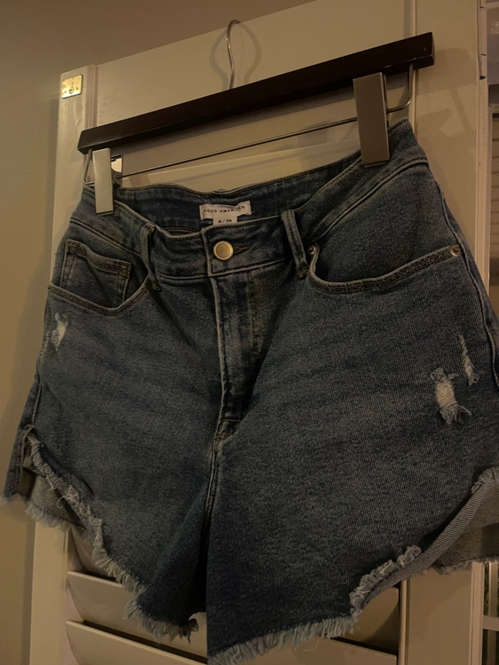 Good American Medium Wash High-Rise Distressed Denim Shorts